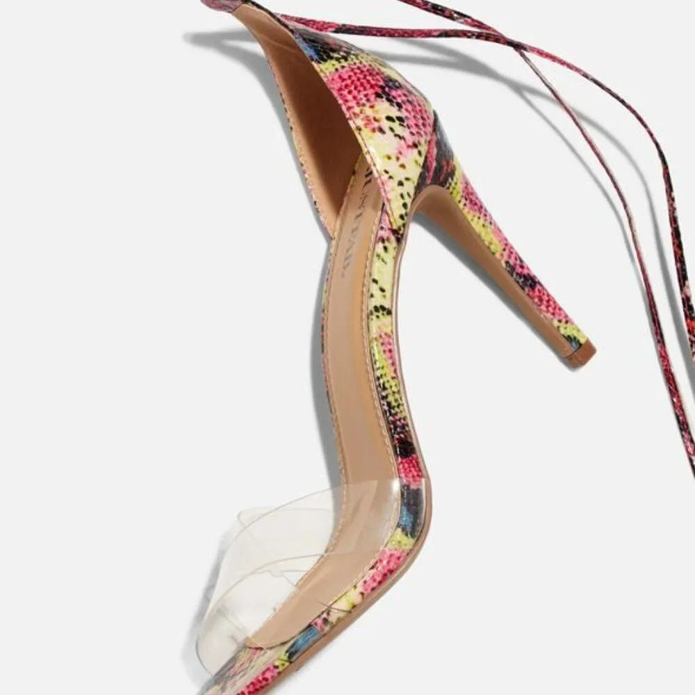 JUSTFAB Jayci Faux Python Snakeskin  Heeled Sandal w/ Ankle strap tie size 5.5